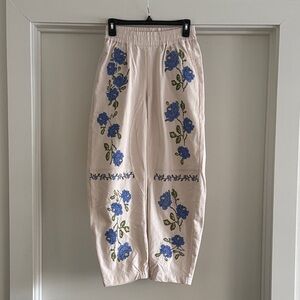 Cream Floral Embroidered Linen Pants with Blue Roses